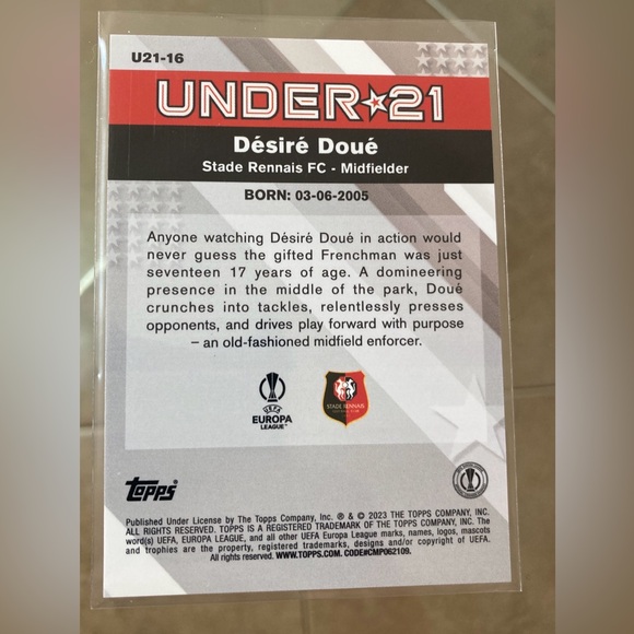 2022-23 Topps Merlin UEFA DESIRE DOUE Under 21 U21 refractor Insert #U21-16 Rc - Picture 3 of 3